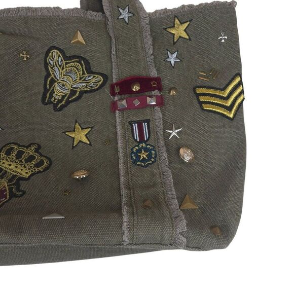 Steve Madden Canvas Military Inspired Tote Bag Patches Green New - Picture 3 of 7